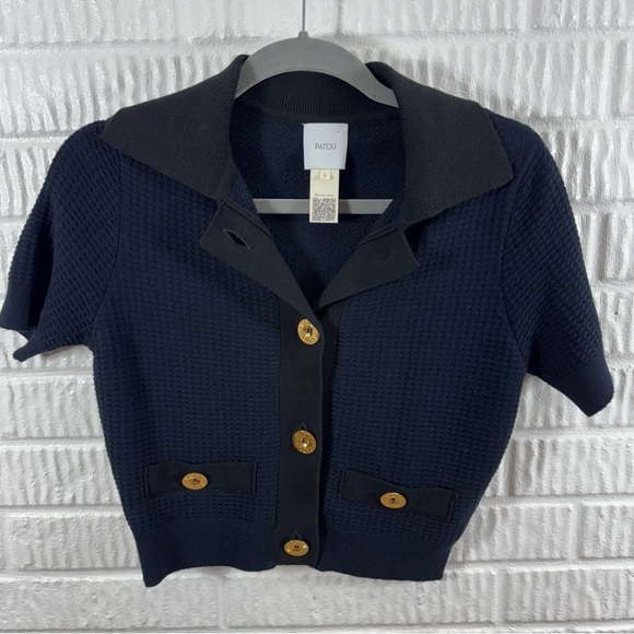 Patou Sweaters - Patou Cropped Waffle Knit Cardigan Navy Blue 3D Knit Short Sleeve Small